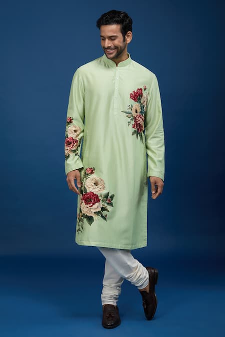 Rohit Bal_Green Chanderi Embroidery Floral Print Kurta Set _at_Aza_Fashions