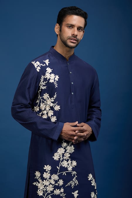 Shop_Rohit Bal_Blue Chanderi Embroidery Floral Kurta Set _Online_at_Aza_Fashions