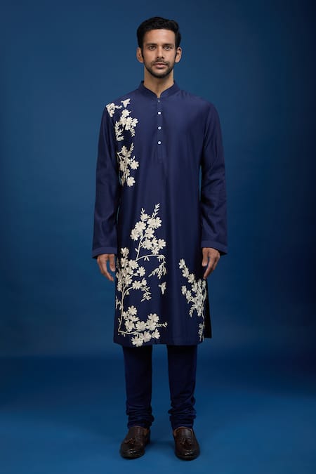 Rohit Bal_Blue Chanderi Embroidery Floral Kurta Set _at_Aza_Fashions