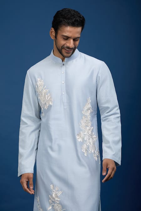 Rohit Bal Blue Chanderi Embroidery Floral Botanic Kurta Set Online at Aza Fashions Rohit Bal_Blue Chanderi Embroidery Floral Botanic Kurta Set _Online_at_Aza_Fashions