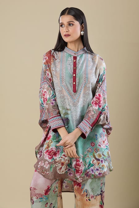 Rajdeep Ranawat Multi Color Embroidery Mandarin Collar Printed Kaftan Shirt Tunic