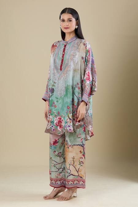 Rajdeep Ranawat_Multi Color Embroidery Mandarin Collar Printed Kaftan Shirt Tunic _Online_at_Aza_Fashions