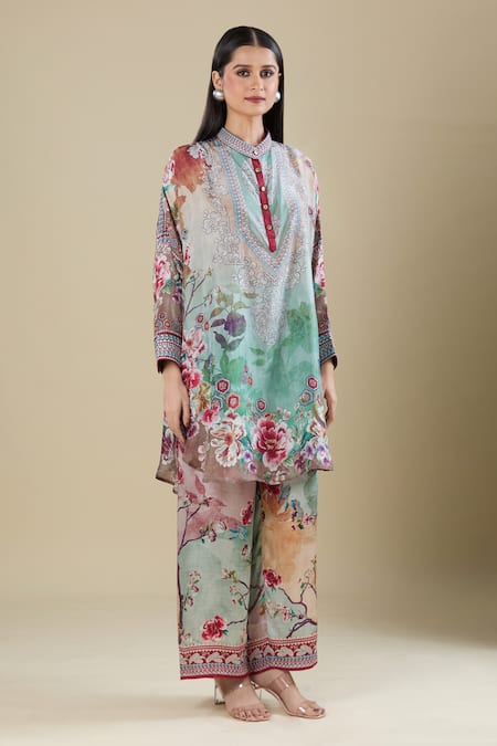 Buy_Rajdeep Ranawat_Multi Color Embroidery Mandarin Collar Printed Kaftan Shirt Tunic _Online_at_Aza_Fashions