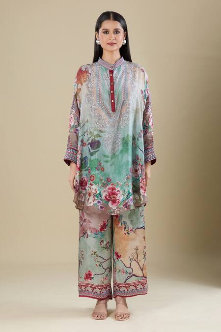 Shop_Rajdeep Ranawat_Multi Color Embroidery Mandarin Collar Printed Kaftan Shirt Tunic _Online_at_Aza_Fashions