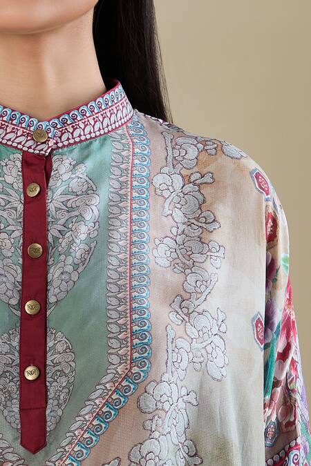 Rajdeep Ranawat_Multi Color Embroidery Mandarin Collar Printed Kaftan Shirt Tunic _at_Aza_Fashions