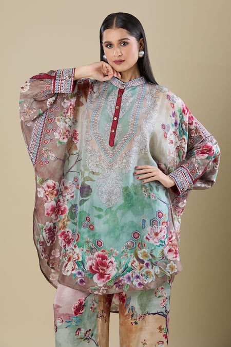 Buy_Rajdeep Ranawat_Multi Color Embroidery Mandarin Collar Printed Kaftan Shirt Tunic 