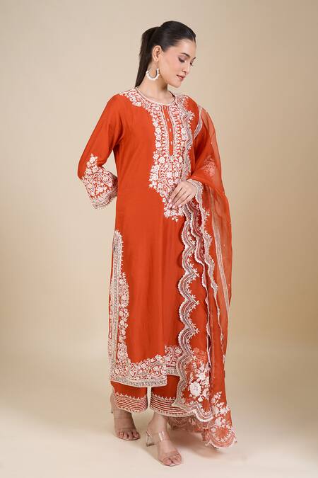 Shop_Sheetal Batra_Orange Embroidery Round Neck Burnt Kurta Set_Online_at_Aza_Fashions