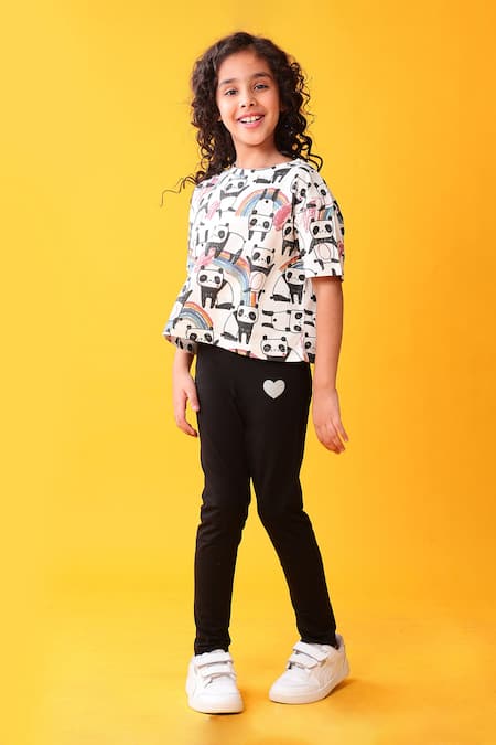 Anthrilo White Designer Panda Print T-shirt And Leggings Set