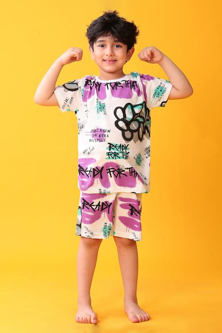Anthrilo White Cotton Graphic Print T-shirt And Shorts Set 