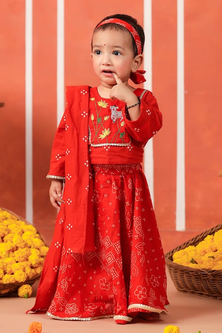 Cute Couture_Orange Cotton Tassels, Embroidery, Gota Patti Radha Rani Hand Lehenga Set _Online_at_Aza_Fashions