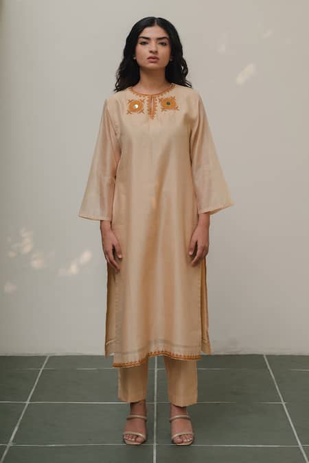 Buy_KAJAL AGRAWAL_Beige Chanderi Silk Embroidery Round Neck Arya Kurta Set _Online_at_Aza_Fashions