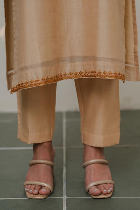 Shop_KAJAL AGRAWAL_Beige Chanderi Silk Embroidery Round Neck Arya Kurta Set _Online_at_Aza_Fashions