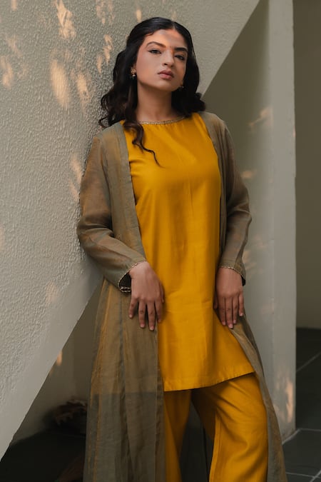 Shop_KAJAL AGRAWAL_Mustard Silk, Embroidery Round Neck Tara Jacket Kurta Set _Online_at_Aza_Fashions