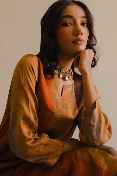 Buy_KAJAL AGRAWAL_Brown Silk, Round Neck Trishala Color Block Kurta Set _Online_at_Aza_Fashions