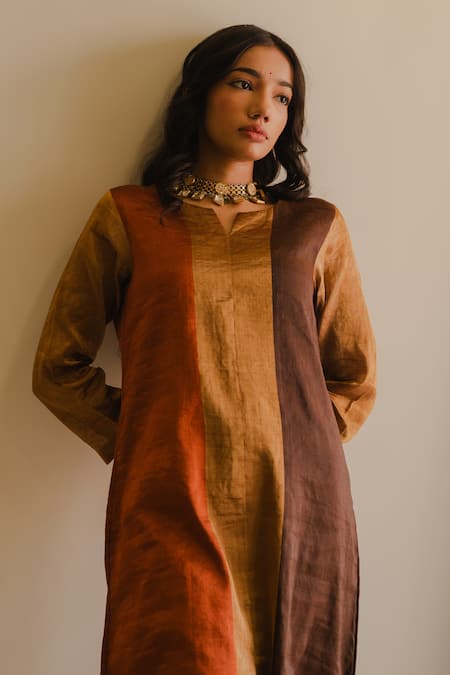 Shop_KAJAL AGRAWAL_Brown Silk, Round Neck Trishala Color Block Kurta Set _Online_at_Aza_Fashions