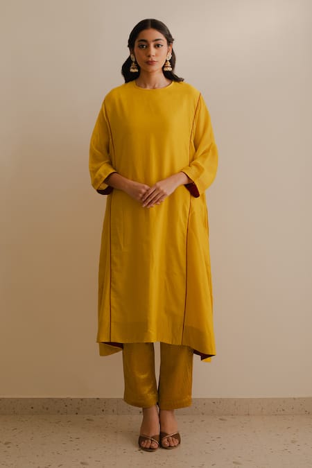 Shop_KAJAL AGRAWAL_Yellow Chanderi Silk Round Neck Akhil Handwoven Kurta Set _Online_at_Aza_Fashions