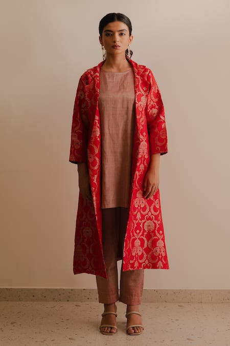 Buy_KAJAL AGRAWAL_Red Brocade, Tissue Embroidery Round Neck Idunn Butti Pattern Jacket Kurta Set _Online_at_Aza_Fashions