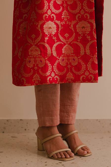 Shop_KAJAL AGRAWAL_Red Brocade, Tissue Embroidery Round Neck Idunn Butti Pattern Jacket Kurta Set _Online_at_Aza_Fashions