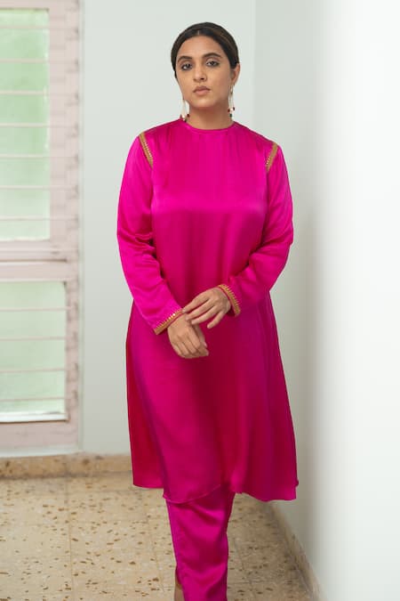 Buy_KAJAL AGRAWAL_Pink Satin, Silk Embroidery Round Neck Saher Straight Kurta And Trouser Set _Online_at_Aza_Fashions