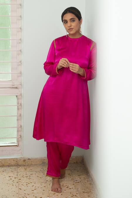 Shop_KAJAL AGRAWAL_Pink Satin, Silk Embroidery Round Neck Saher Straight Kurta And Trouser Set _Online_at_Aza_Fashions