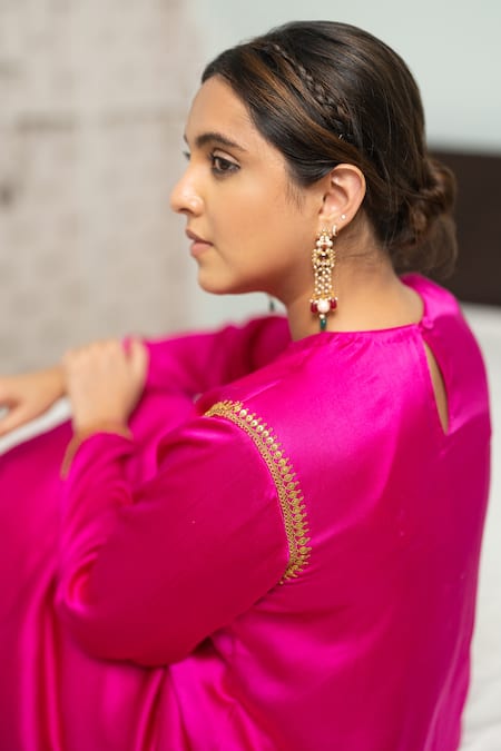 KAJAL AGRAWAL_Pink Satin, Silk Embroidery Round Neck Saher Straight Kurta And Trouser Set _at_Aza_Fashions