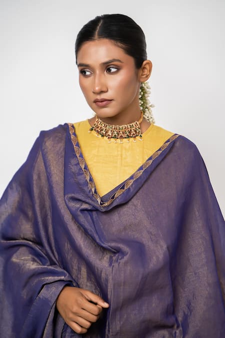 Shop_KAJAL AGRAWAL_Yellow Tissue, Handloom Cotton Embroidery, The Lovers Handwoven Anarkali Set _Online_at_Aza_Fashions