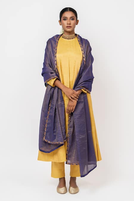 KAJAL AGRAWAL Yellow Tissue, Handloom Cotton Embroidery, The Lovers Handwoven Anarkali Set 
