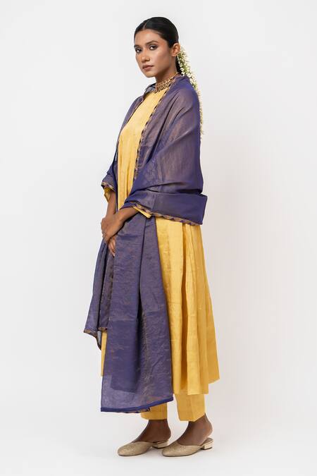 Buy_KAJAL AGRAWAL_Yellow Tissue, Handloom Cotton Embroidery, The Lovers Handwoven Anarkali Set 