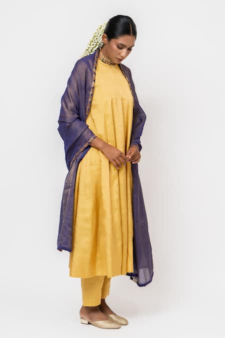 Shop_KAJAL AGRAWAL_Yellow Tissue, Handloom Cotton Embroidery, The Lovers Handwoven Anarkali Set 