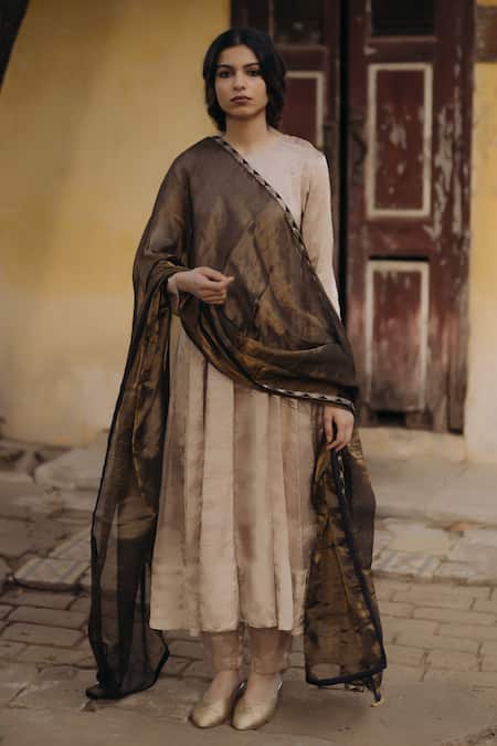 KAJAL AGRAWAL Beige Silk, Tissue Embroidery Round Neck Oyster Handwoven Anarkali Set 