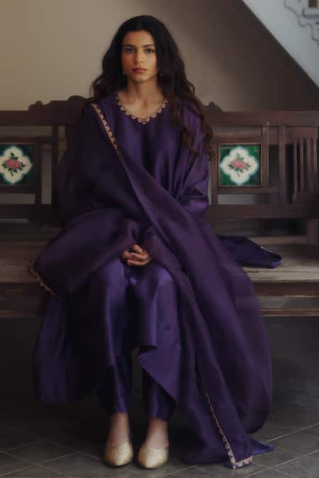 Shop_KAJAL AGRAWAL_Purple Chanderi Silk, Chanderi, Organza Embroidery Lilith Handwoven Kurta Set 