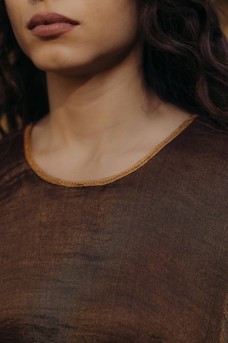 KAJAL AGRAWAL_Brown Embroidery Round Neck Virgo Handwoven Kurta Set _Online_at_Aza_Fashions