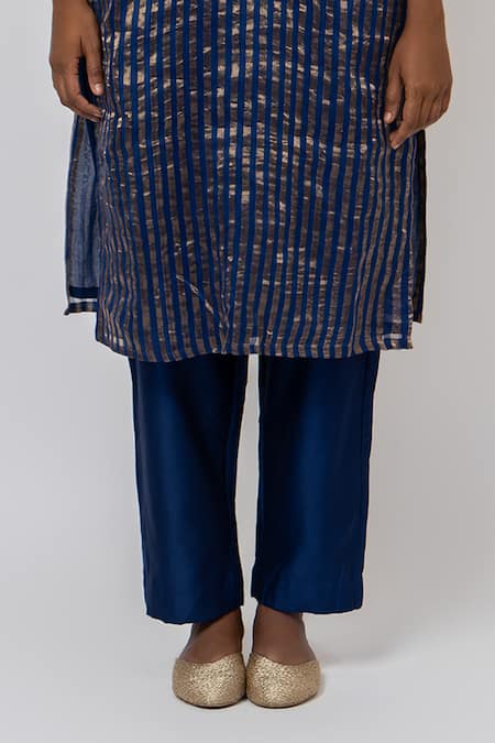 Buy_KAJAL AGRAWAL_Blue Chanderi Silk, Organza Embroidery Starry Supper Stripe Pattern Kurta Set _Online_at_Aza_Fashions
