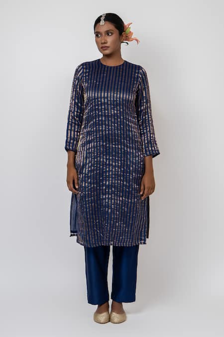 Shop_KAJAL AGRAWAL_Blue Chanderi Silk, Organza Embroidery Starry Supper Stripe Pattern Kurta Set _Online_at_Aza_Fashions