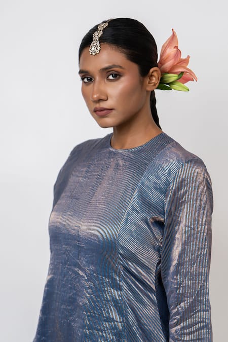 Buy_KAJAL AGRAWAL_Blue Silk, Embroidery Round Water Lily Handwoven Kurta Set _Online_at_Aza_Fashions