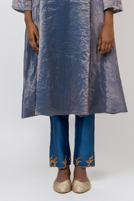 Shop_KAJAL AGRAWAL_Blue Silk, Embroidery Round Water Lily Handwoven Kurta Set _Online_at_Aza_Fashions
