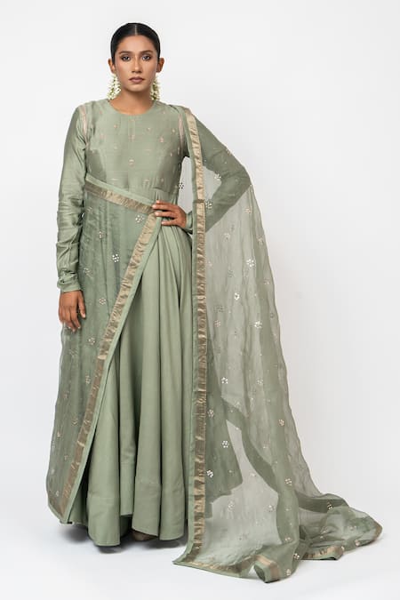 Buy_KAJAL AGRAWAL_Green Chanderi Silk, Chanderi, Organza Embroidery Floating Heart Anarkali Set _Online_at_Aza_Fashions
