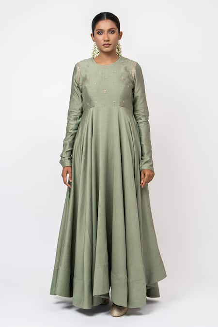 Shop_KAJAL AGRAWAL_Green Chanderi Silk, Chanderi, Organza Embroidery Floating Heart Anarkali Set _Online_at_Aza_Fashions