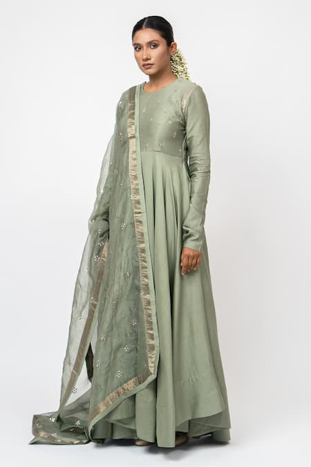 Shop_KAJAL AGRAWAL_Green Chanderi Silk, Chanderi, Organza Embroidery Floating Heart Anarkali Set 
