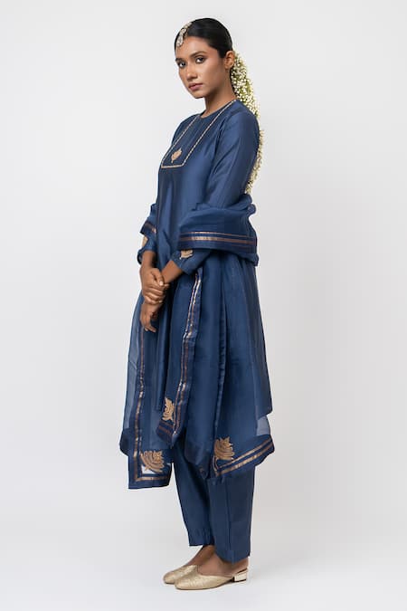 Buy_KAJAL AGRAWAL_Blue Chanderi Silk, Chanderi, Organza Midnight Stars Handwoven Kurta Set _Online_at_Aza_Fashions