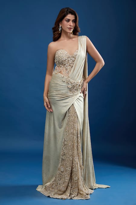 Tarun Tahiliani Ivory Sequins, Beads, Embroidery Sweetheart Neck Concept Saree Set