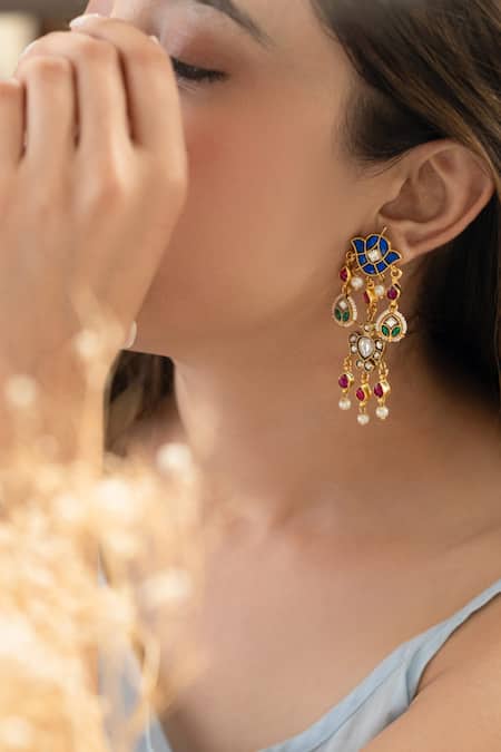 Shop Do Taara Multi Color Pearls Multicolored Kundan Earrings Online at Aza Fashions Shop_Do Taara_Multi Color Pearls Multicolored Kundan Earrings _Online_at_Aza_Fashions