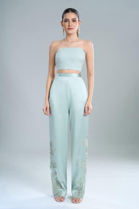 Buy_Anamika Khanna_Blue Embroidery Asymmetric, One Shoulder Cape Pant Set 