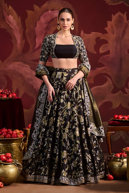 Lashkaraa Black Brocade Sequins, Zari Square Neck Embroidered Lehenga Set