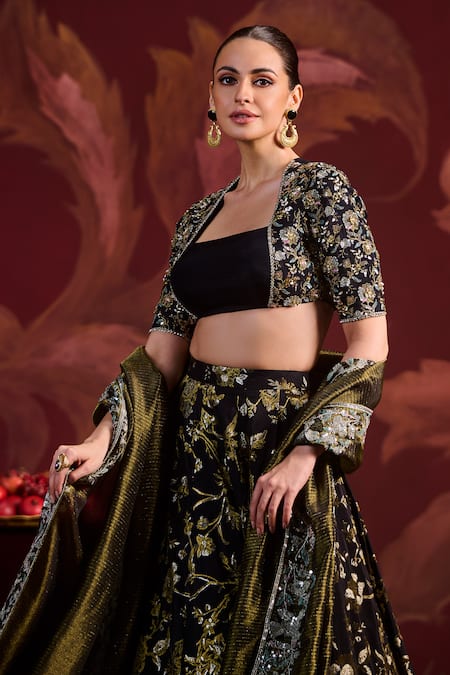 Buy_Lashkaraa_Black Brocade Sequins, Zari Round Neck Embroidered Lehenga Set_Online_at_Aza_Fashions