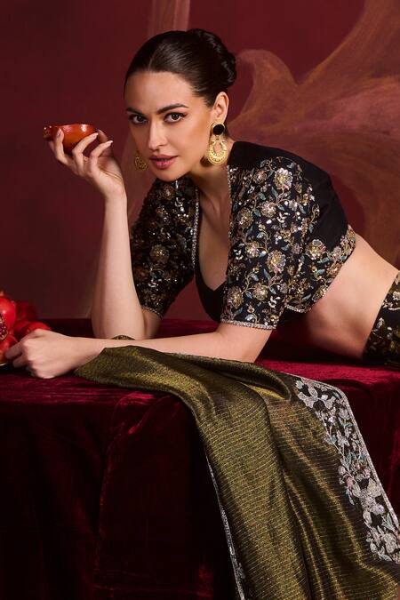 Lashkaraa_Black Brocade Sequins, Zari Round Neck Embroidered Lehenga Set_at_Aza_Fashions