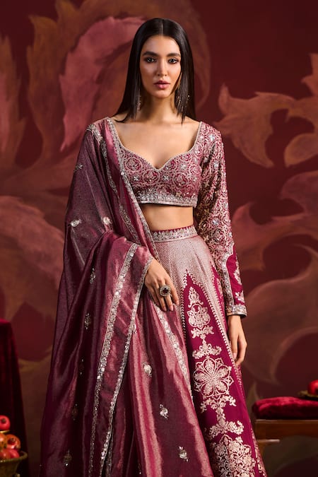 Lashkaraa_Wine Brocade Sequins, Zari Round Neck Embroidered Lehenga Set_Online_at_Aza_Fashions