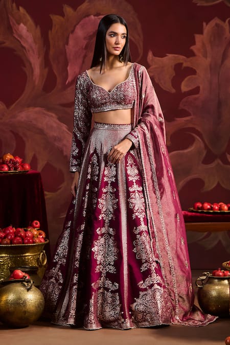 Buy_Lashkaraa_Wine Brocade Sequins, Zari Round Neck Embroidered Lehenga Set_Online_at_Aza_Fashions