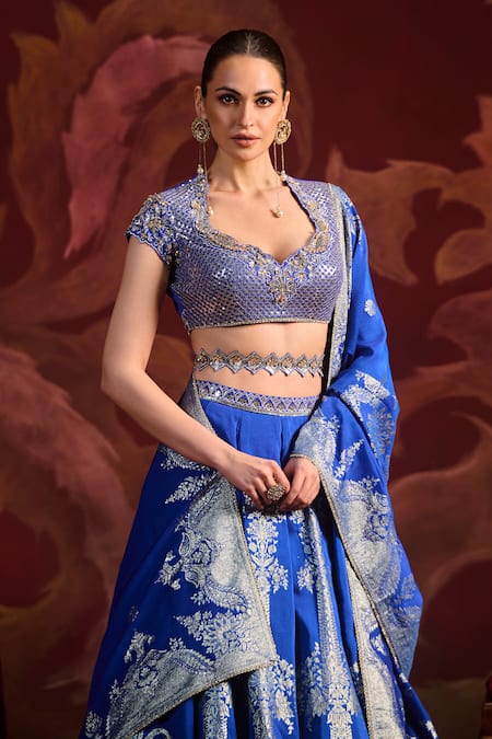 Lashkaraa_Blue Brocade Sequins, Zari Round Neck Embroidered Lehenga Set_Online_at_Aza_Fashions
