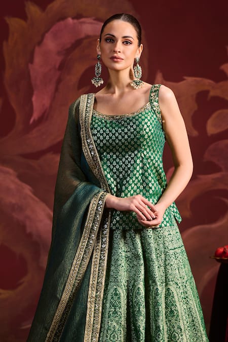 Buy Lashkaraa Green Brocade Sequins, Zari Round Neck Embroidered Kurta Lehenga Set Online at Aza Fashions Buy_Lashkaraa_Green Brocade Sequins, Zari Round Neck Embroidered Kurta Lehenga Set _Online_at_Aza_Fashions